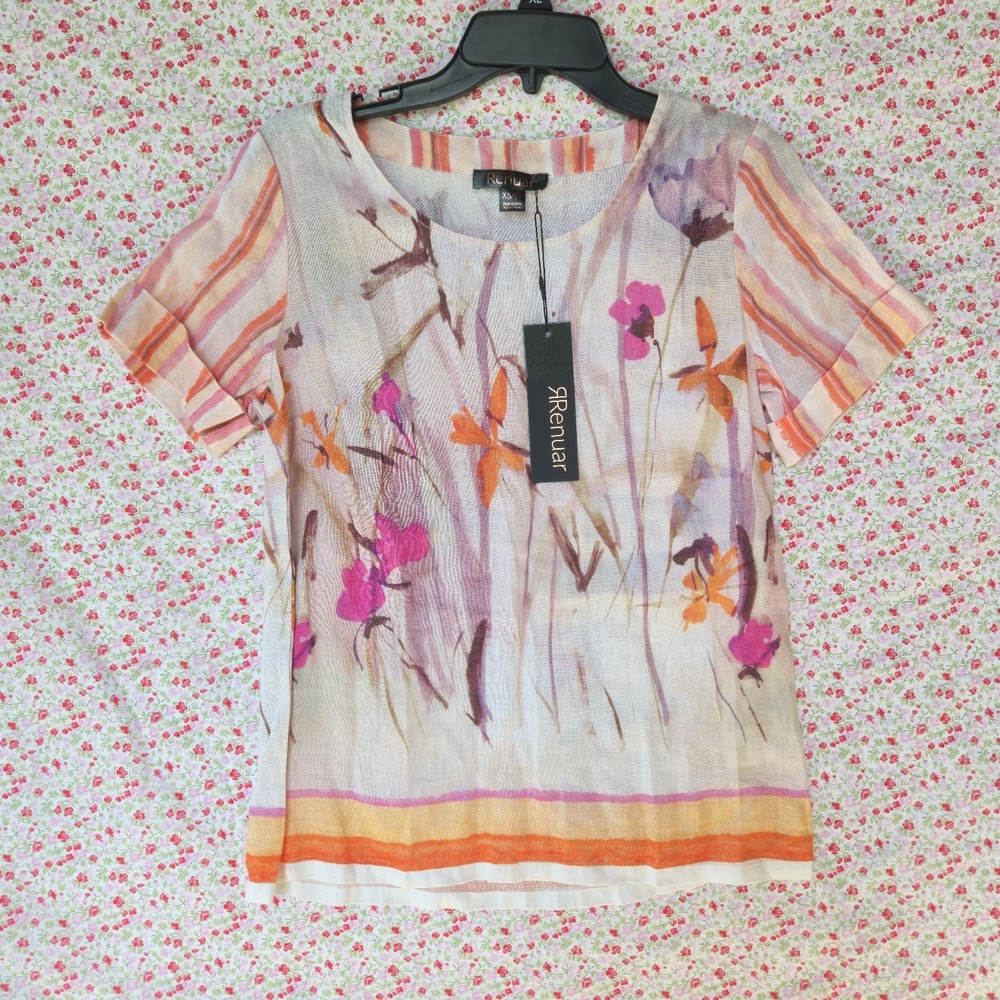 NWT Renuar 100% Linen Floral Short Sleeve Top Blouse Multicolor Women's Size XS